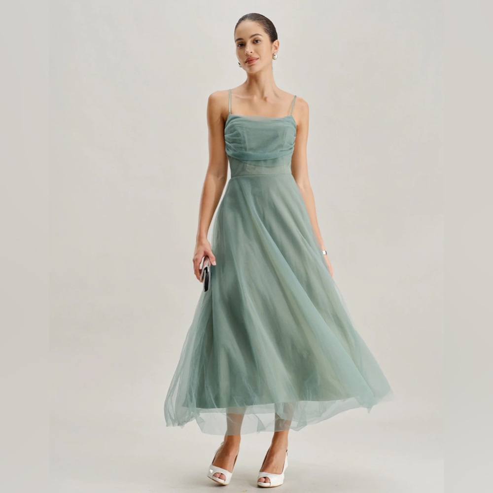 RIHOAS Green Mesh Flowy Slip Midi Dress S